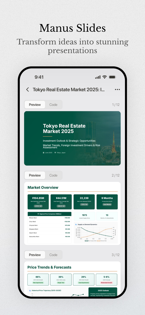 Manus AI mobile interface displaying an automatically generated professional slide deck for a real estate market analysis