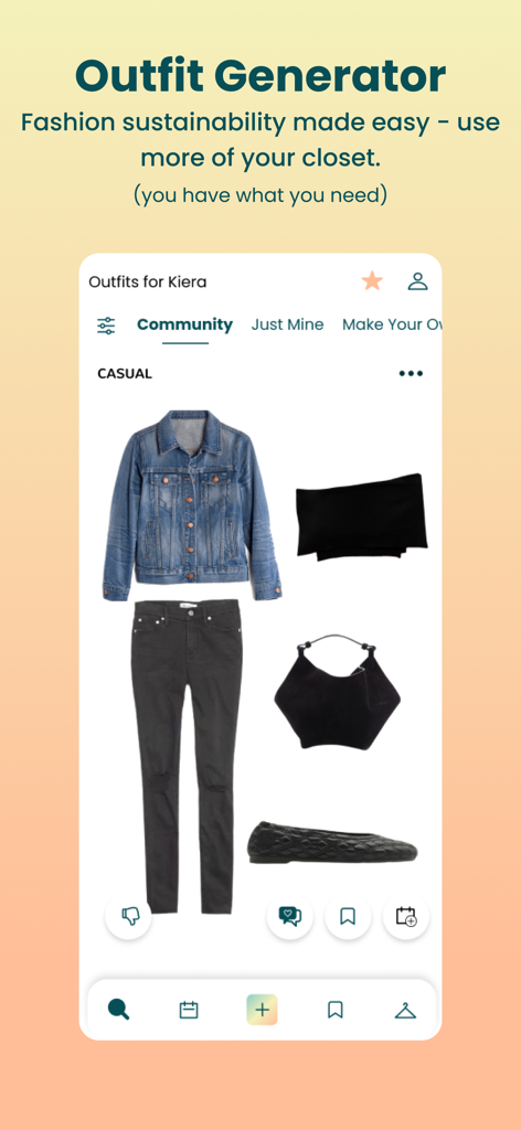 Outfit Maker - Pronti AI - Pronti AI app interface displaying a suggested casual outfit with a denim jacket and black jeans