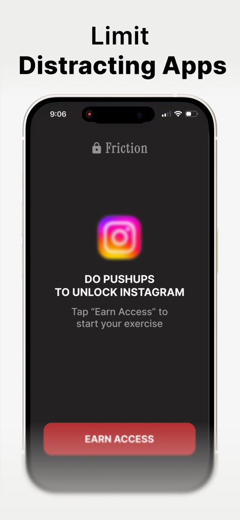 Friction - Reduce Screen Time - Mobile screen showing Friction app requiring pushups to unlock Instagram to reduce screen time
