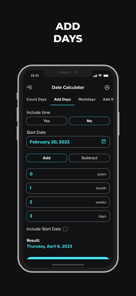 Date & Time Calculator App - La función de sumar días en la aplicación Calculadora de Fecha y Hora mostrando un cálculo de adición de fecha en una interfaz minimalista oscura