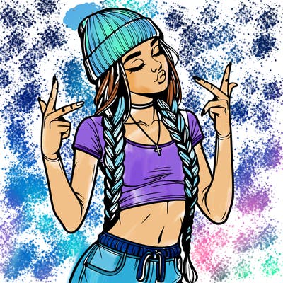 realistic teenage girl with braids and a beanie and crop top doing 🫶🏼
