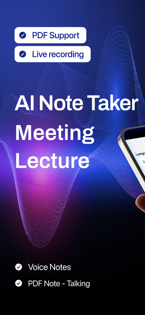 AI Note Taker: Meeting Minutes - AI Note Taker app interface highlighting features for meeting minutes lectures and PDF support