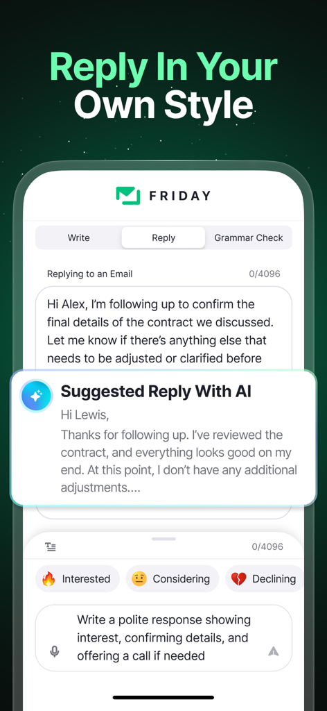Friday AI Email Writer - Friday AI app interface showing a suggested email reply and tone selection options