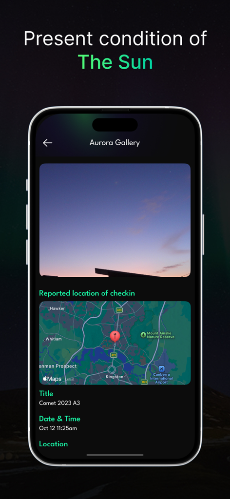 Aurora Alerts & Forecast - Aurora Gallery interface with a photo and map showing a reported sighting location