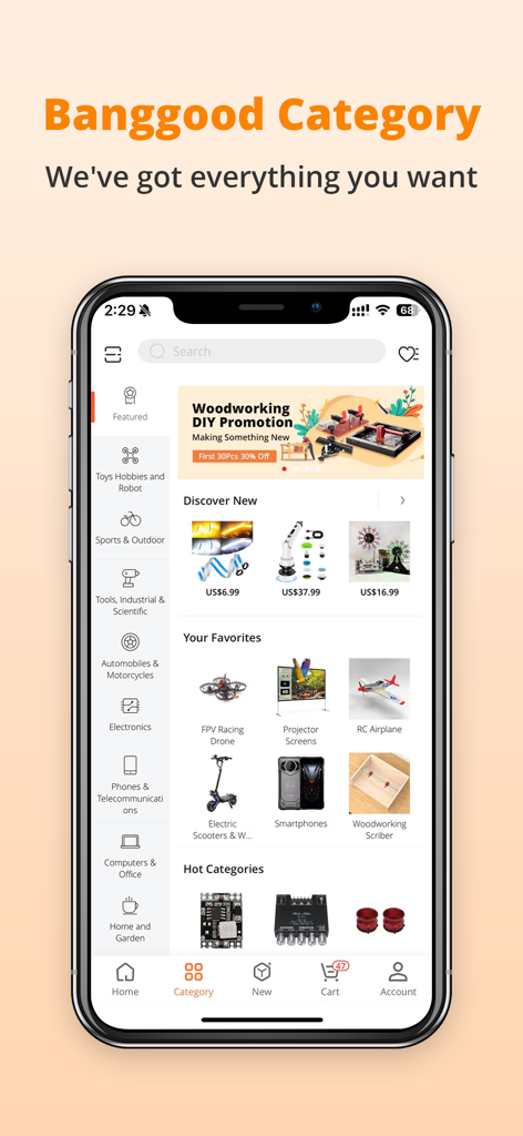 Banggood Global Online Shop - Banggood app category screen featuring electronics DIY tools and hobbyist products