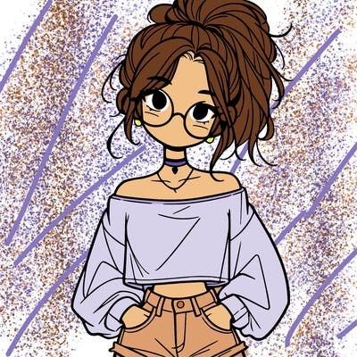 girl with a messy ponytail glasses a baggy crop top and jean shorts