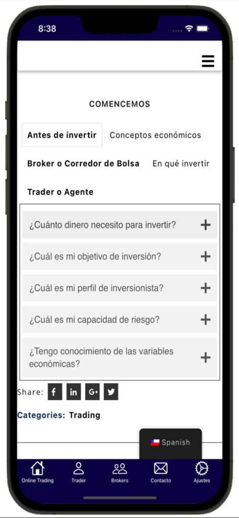 Trading EF - Spanish mobile interface for Trading EF app showing investment preparation questions