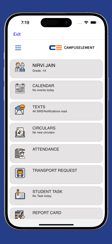 Transcend Education - Panel principal de la aplicación Transcend Education que muestra información del estudiante, calendario, asistencia y comunicaciones escolares.