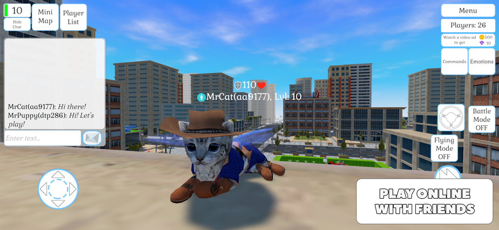 Cute Cat And Puppy World - A customized cat character wearing a cowboy hat in a city simulator with an active chat window and multiplayer options.