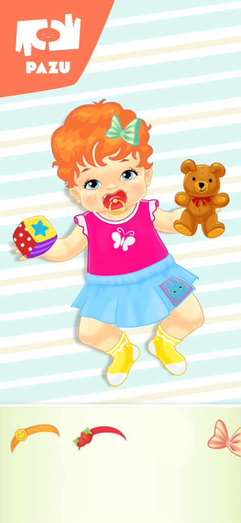 A baby character with orange hair wearing a pink shirt and blue skirt holding a teddy bear and a toy block.