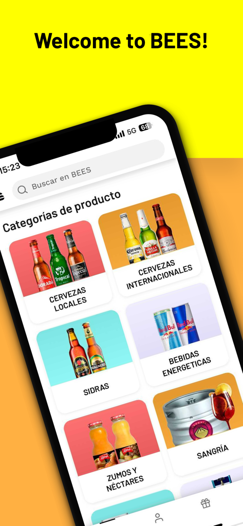 Interface da aplicação BEES Africa mostrando uma grelha de categorias de produtos incluindo cervejas locais e internacionais, bebidas energéticas e sumos
