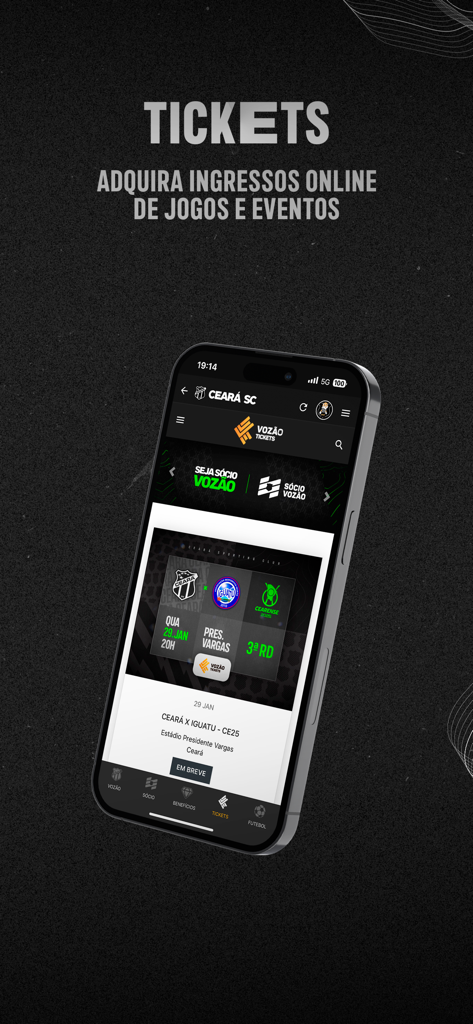 Ceará Sporting Club - Ceara Sporting Clubモバイルアプリのチケットセクションを示すスマートフォン