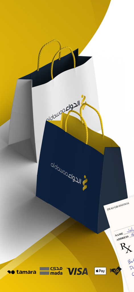 Al-Dawaa Pharmacies - Deux sacs de courses de marque Al-Dawaa Pharmacy avec une ordonnance médicale et des logos de méthodes de paiement comme Visa et Apple Pay