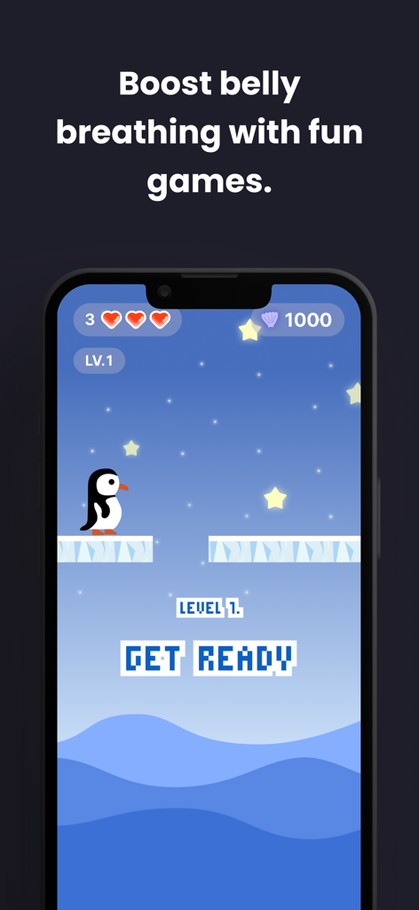 Vocal Up :Vocal Training Coach - Vocal Up app interface showing a gamified belly breathing exercise with a penguin character