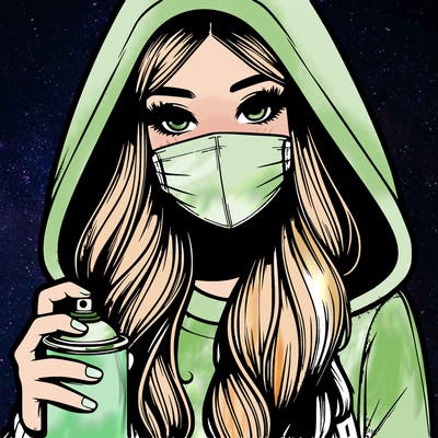 girl wearing a mask with long hair with her hood up spray-painting realistic