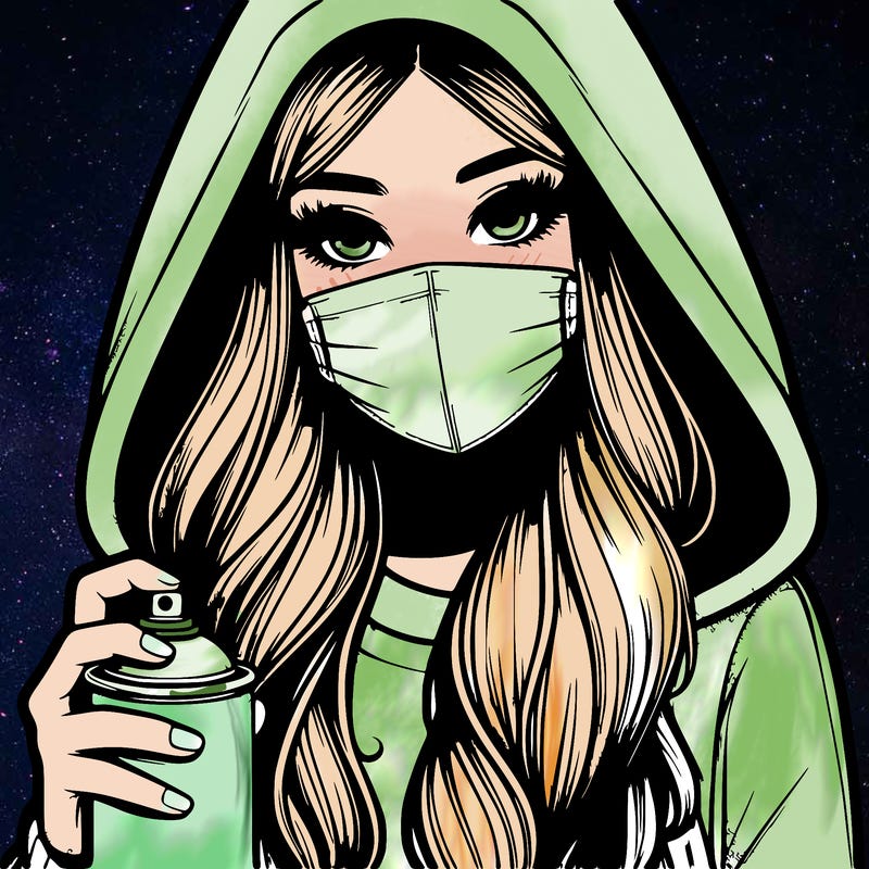 girl wearing a mask with long hair with her hood up spray-painting realistic