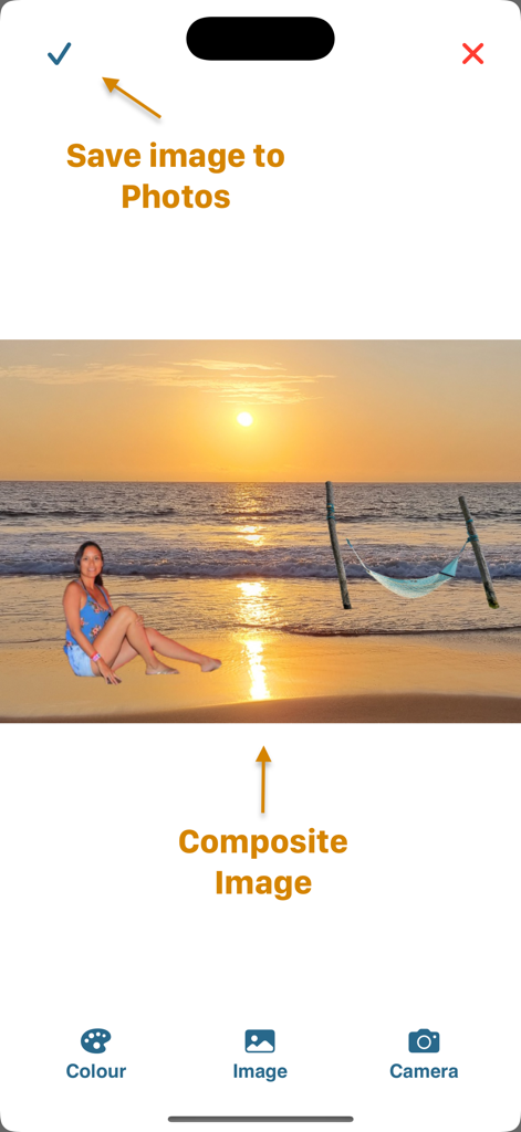 Interfaz de la aplicación Tandras que muestra la creación de una foto compuesta con una mujer en una playa al atardecer