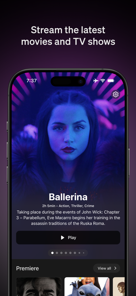 영화 제목과 재생 버튼을 보여주는 iPhone의 Qantas Entertainment 앱 인터페이스