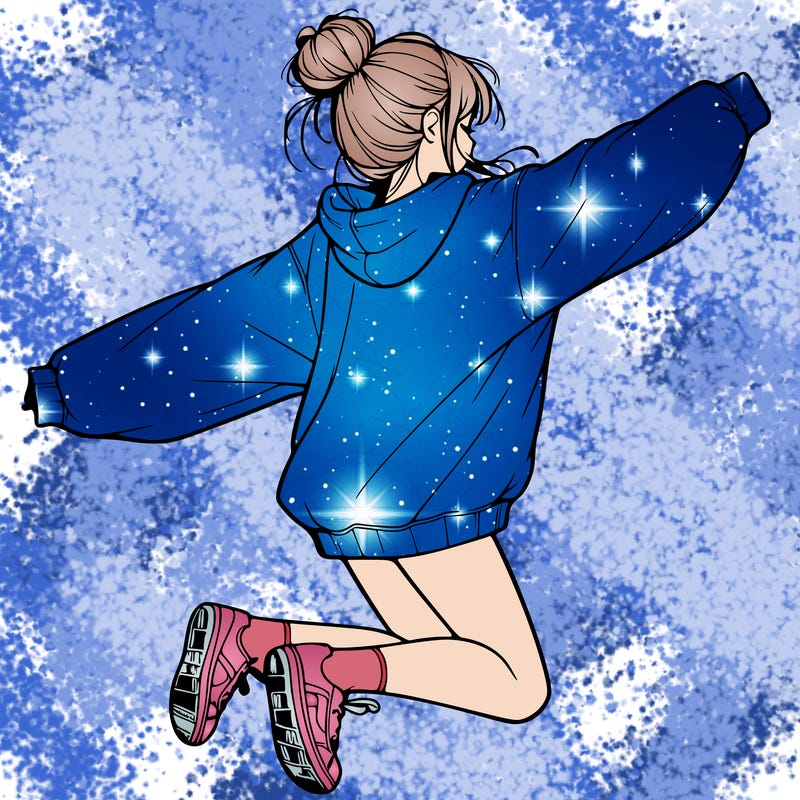 realistic girl jumping with a bun and oversized sweatshirt