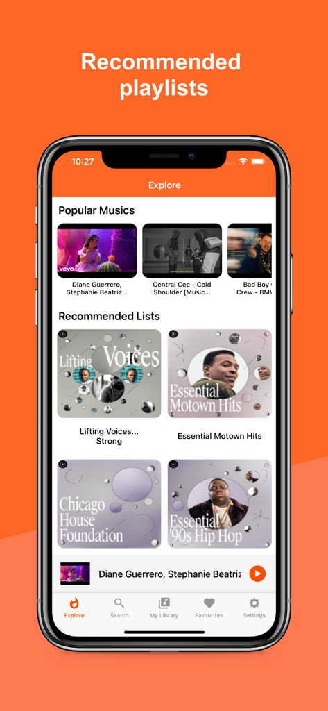 Musicamp: Music Player - Musicamp 앱 탐색 페이지: 인기 음악 및 추천 플레이리스트 표시