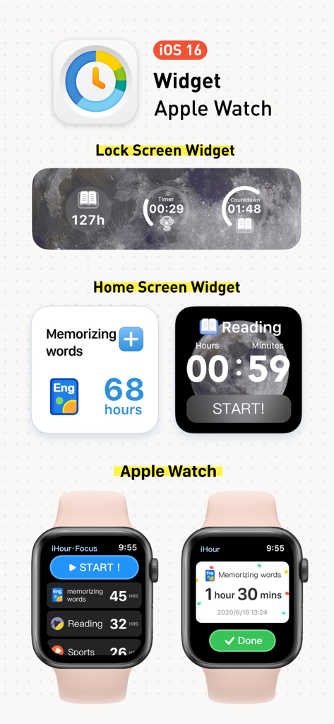 iHour app widgets for iOS lock screen home screen and Apple Watch showing focus time tracking features