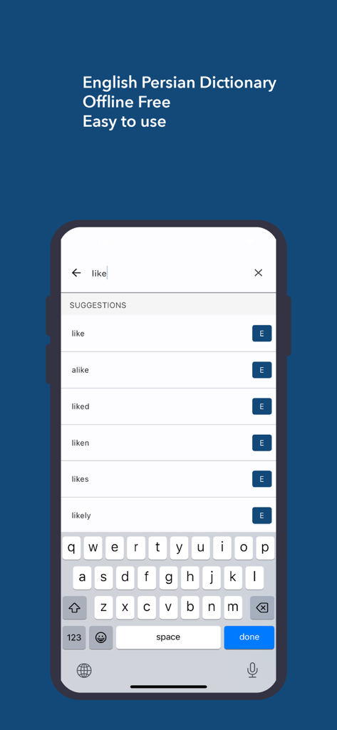 English Persian Dictionary mobile app search interface with word suggestions for the term like