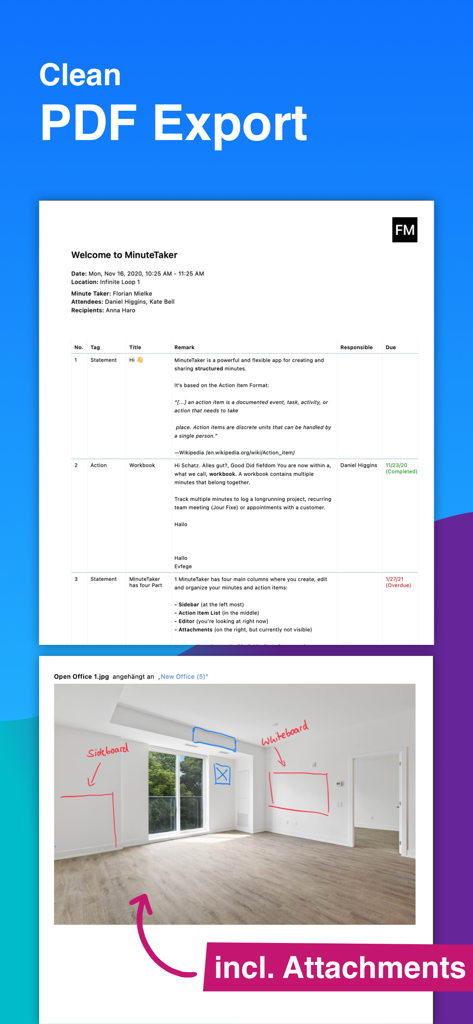 MinuteTaker - Meeting Notes - A professional PDF meeting minutes report with structured notes and annotated photo attachments.