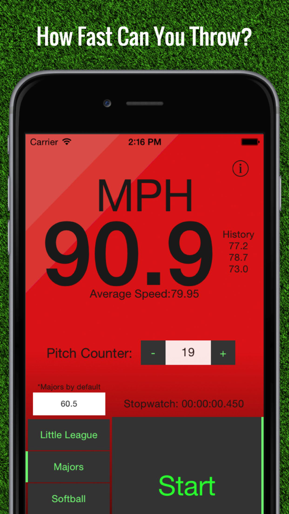 Baseball Pitch Speed - Radar Gun - 野球の投球速度アプリのインターフェース、90.9 MPHの投球速度と投球カウンターを表示