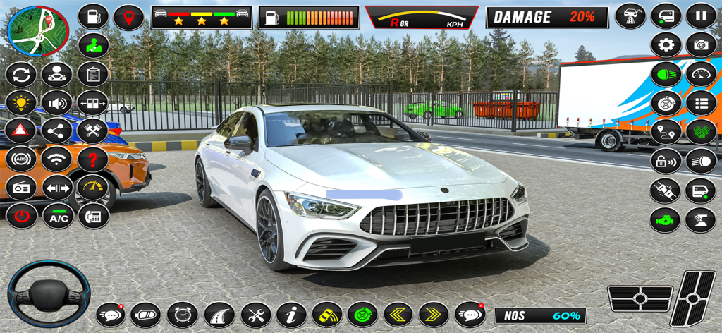 School Driving: Car Simulator - A white sports car in a realistic driving simulator with various on-screen controls and a detailed city background