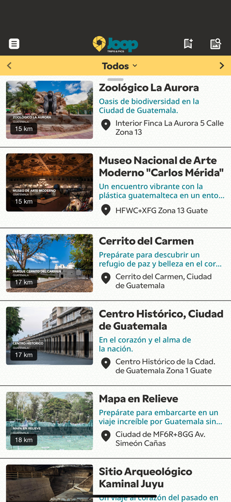 Joop - List of travel destinations in Guatemala City on the Joop app showing museums parks and historical sites
