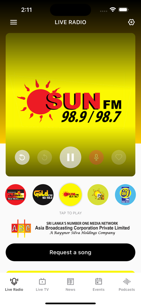 GoldFM Mobile - GoldFM Mobile app interface showing a live radio player for Sun FM with playback controls and other Sri Lankan radio station options.