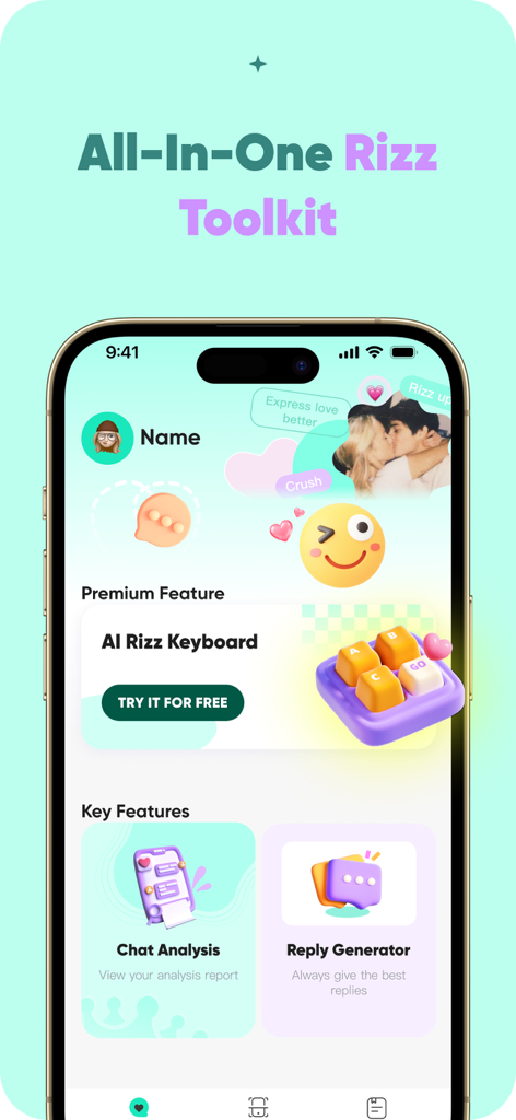 SynthTalk-Rizz AI assistant - SynthTalk Rizz AI toolkit mobile app interface with keyboard and chat analysis features