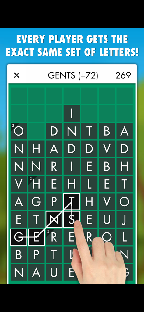 Word Search Champion PRO - A hand selects the word GENTS on a green letter grid in Word Search Champion PRO with a message about fair play.