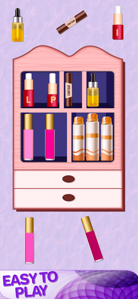 Beauty Organizer Game - A gameplay screenshot of Beauty Organizer Game showing cosmetics like lipsticks and serums being organized into a pink shelf