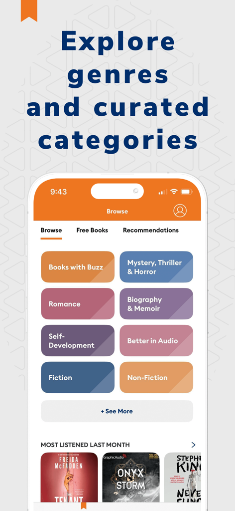 Audiobooks.com: Get audiobooks - Screenshot of Audiobooks.com app showing a browse screen with curated categories like Mystery, Romance, and Self-Development.