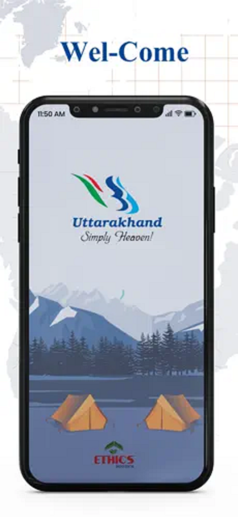 Tourist Care Uttarakhand - Welcome screen of the Tourist Care Uttarakhand mobile app featuring a mountain and campsite illustration