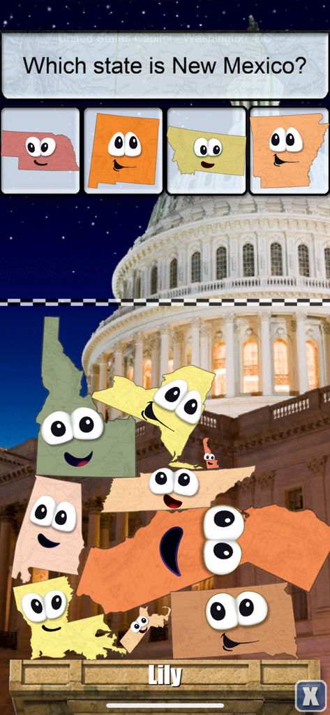 Ein Geografie-Quiz und eine Staatsstapel-Herausforderung in der Stack the States App.