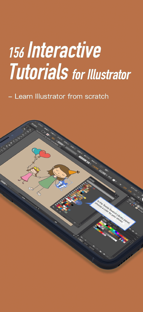 Tutorials for Photoshop CC - Un smartphone mostrando un tutorial interactivo de Illustrator de la aplicación Tutoriales de Photoshop CC.