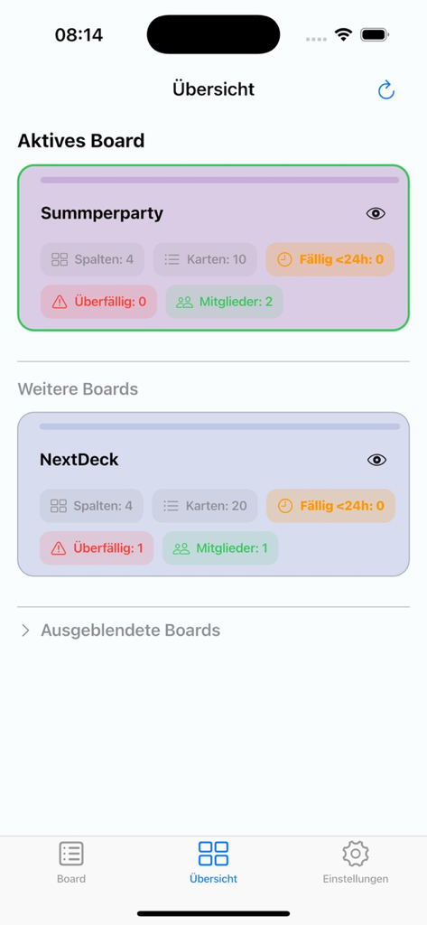 A mobile interface of the Next Deck app showing a summary of active and other Kanban boards with task and member statistics.
