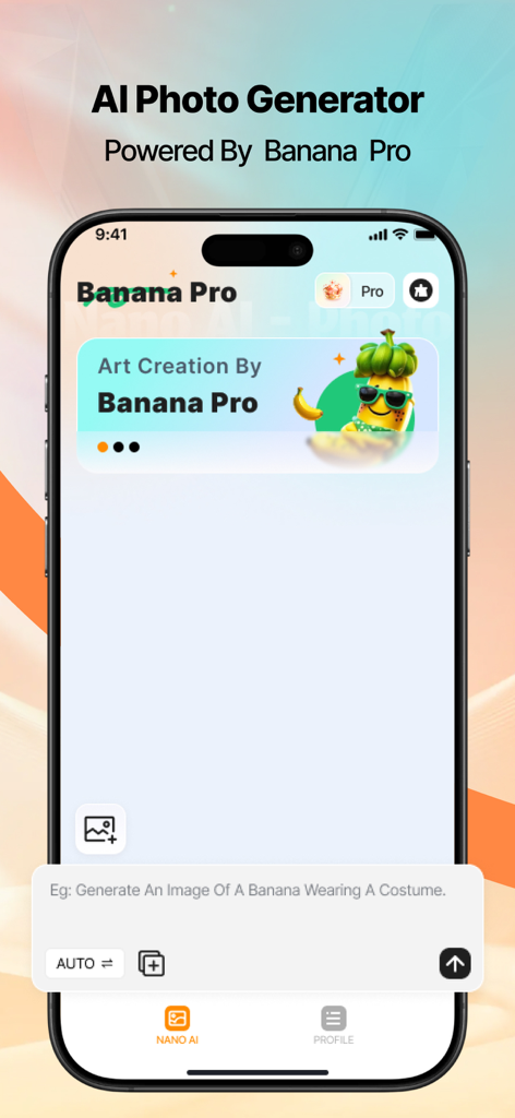 Interfaz de la aplicación Banana Pro AI Photo Editor mostrando la pantalla del generador de texto a imagen