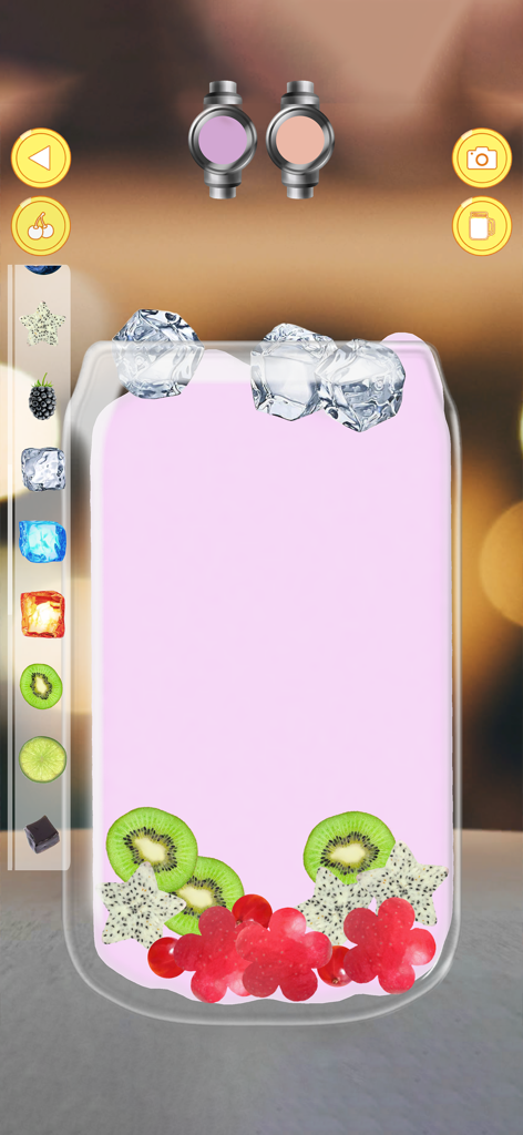 Uma bebida virtual de chá de leite rosa com coberturas de frutas como kiwi e pitaya com cubos de gelo em um copo digital