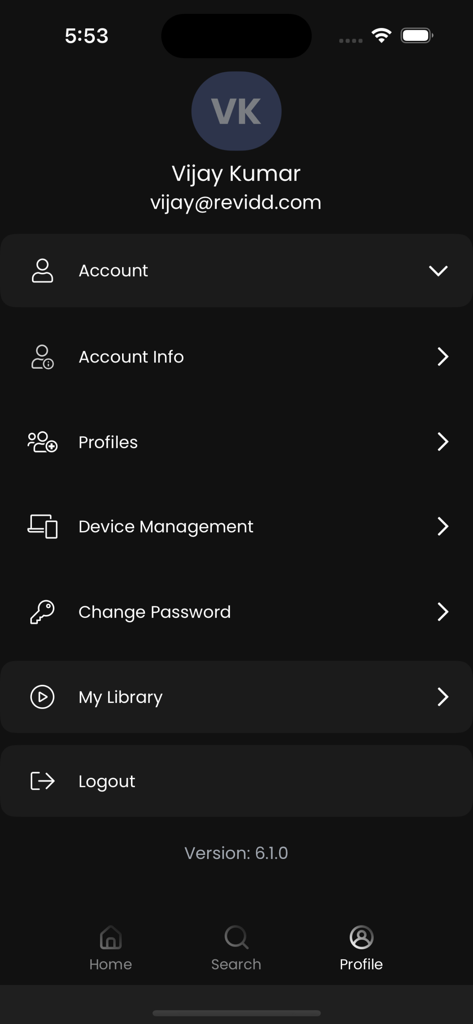 User profile screen of the 24 Sport app showing account and device management options.