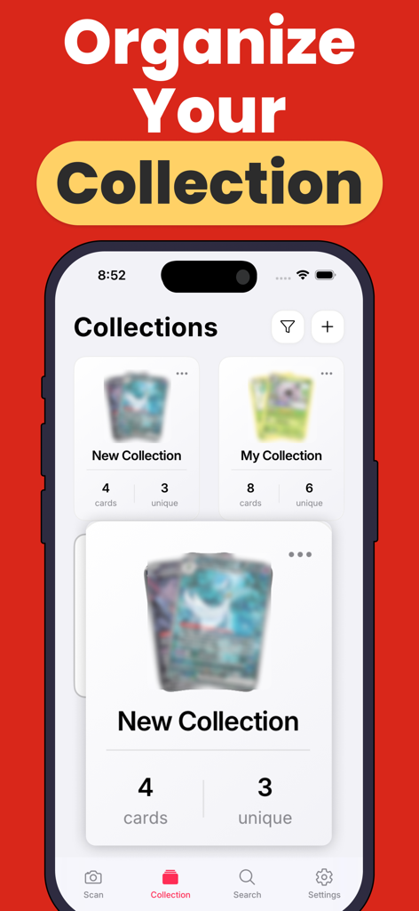 Cardex: Card Value Scanner - Cardex app interface showing organized trading card collections with card counts
