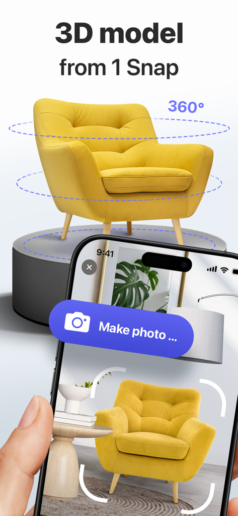 App interface showing a yellow chair being scanned to create a 3D model