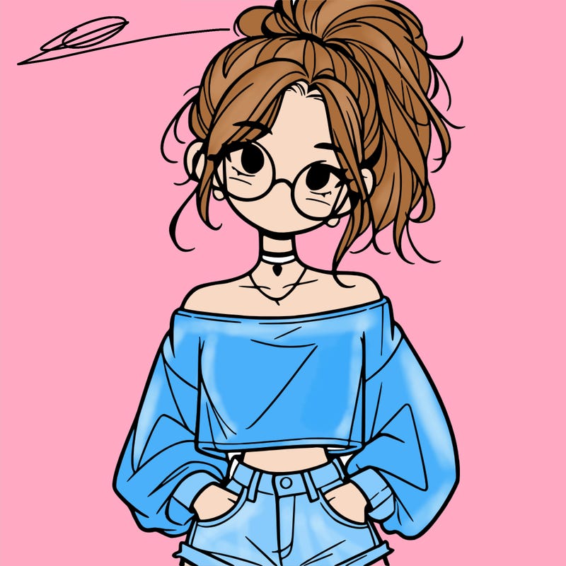 girl with a messy ponytail glasses a baggy crop top and jean shorts