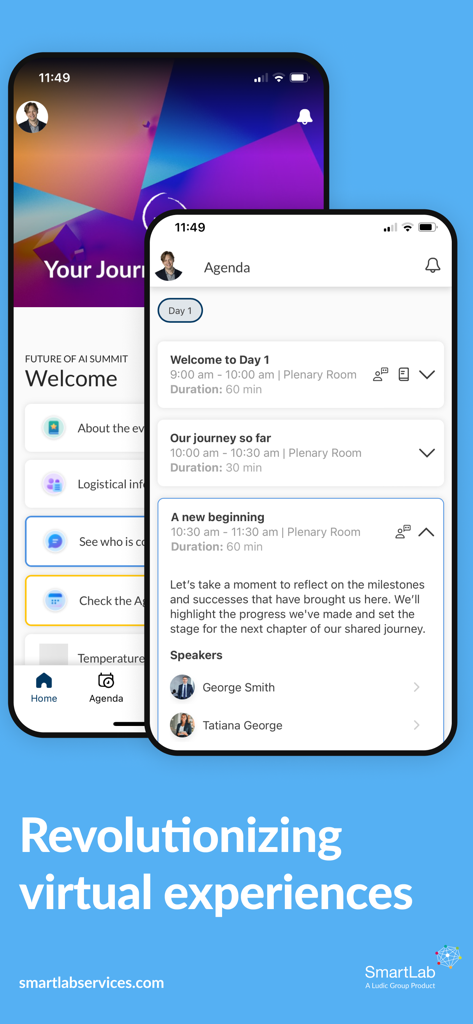 Écrans de l'application mobile SmartLab montrant une page d'accueil d'événement virtuel et un agenda quotidien détaillé avec les profils des intervenants.