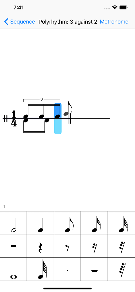 Metron (Pro Metronome) - Metronアプリの記譜法シーケンサー、五線譜上に3対2のポリリズムを表示