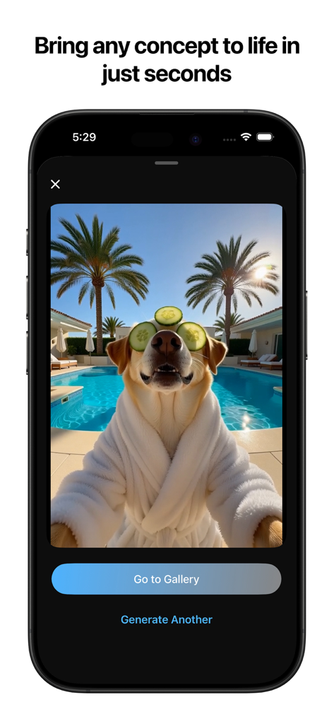 AI Box - Video Generation - Interfaz de la aplicación AI Box que muestra un vídeo generado de un perro en una bata junto a una piscina