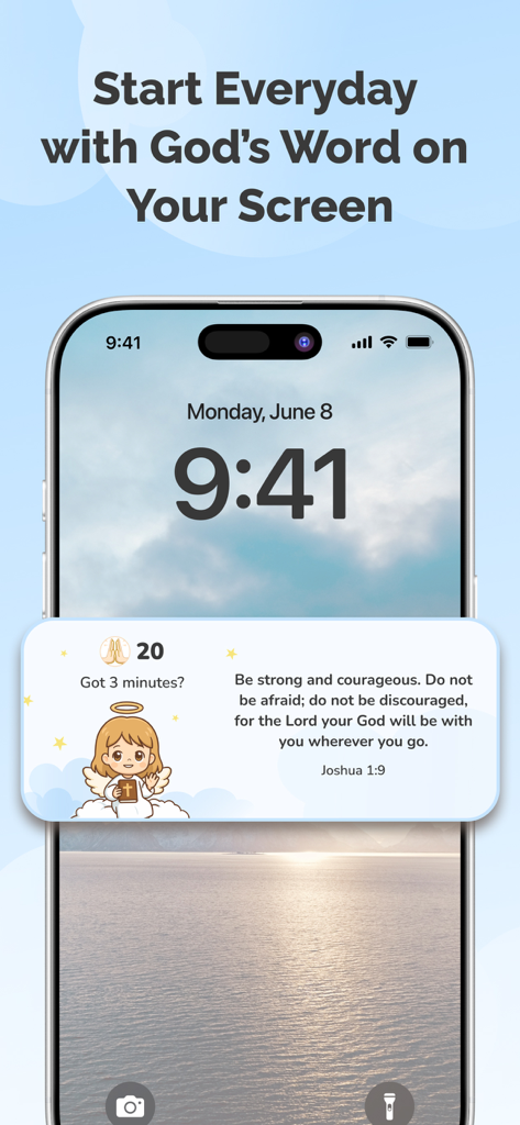 Angely: Screen Time & Faith - Angely app widget on an iPhone lock screen showing a daily Bible verse and prayer streak.