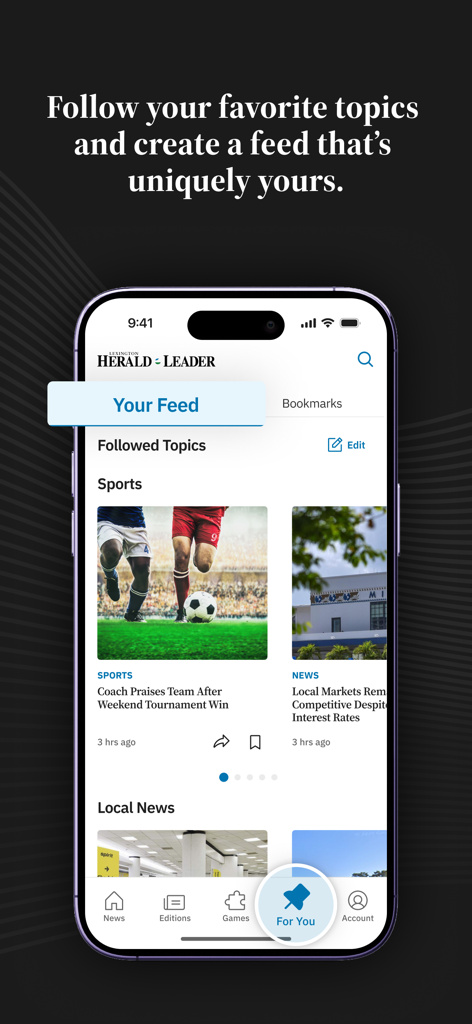 Lexington Herald-Leader News - A smartphone screen displaying the personalized news feed feature of the Lexington Herald-Leader News app showing sports and local news categories.